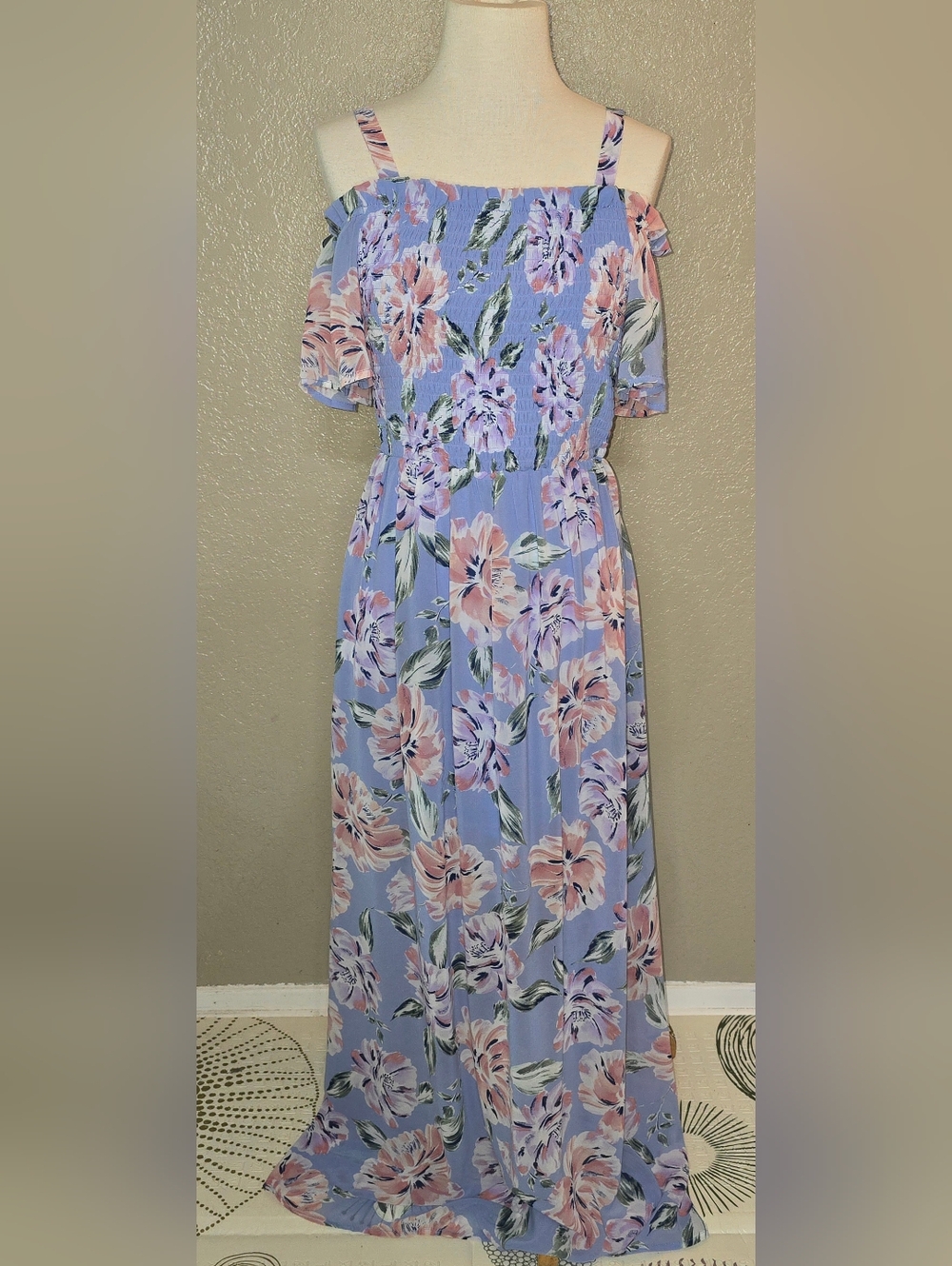 As U Wish Light Blue Floral Cold-Shoulder Maxi Dress with Pink Flowers